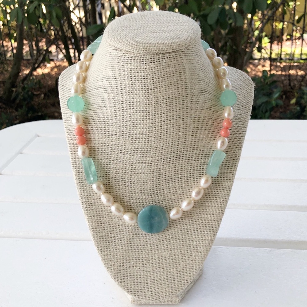 New Pearl, Larimar, Pink Coral & Fluorite Necklace